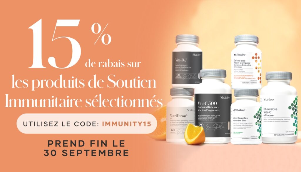 Pendant le mois de septembre, nous offrons 15 % de rabais sur les produits de Soutien Immunitaire sélectionnés.