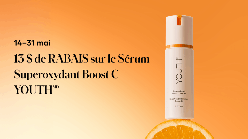 Toute personne ayant bénéficié de l’offre du Sérum Éclat C + E YOUTH à 10 $ bénéficiera du rabais de 13 $ pour le Sérum Superoxydant Boost C YOUTH.