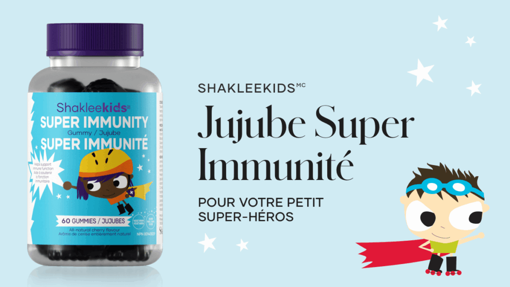 Les Jujubes Super Immunité ShakleekidsMC contiennent une puissante combinaison de nutriments dans un gélifié aux baies naturelles à la délicieuse saveur de cerise que vos enfants adoreront.