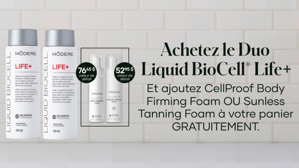 À l’achat du Duo Liquid BioCell® Life+, ajoutez gratuitement à votre choix CellProof Body Firming Foam ou CellProof Sunless Tanning Foam à votre panier – deux essentiels pour sublimer votre peau.